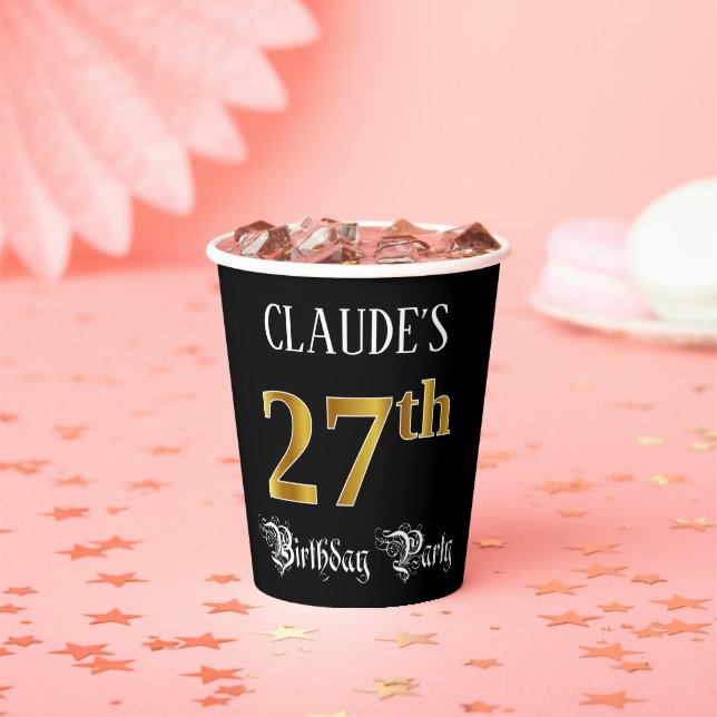 27th Birthday Party — Fancy Script, Faux Gold Look Paper Cups (Insitu)