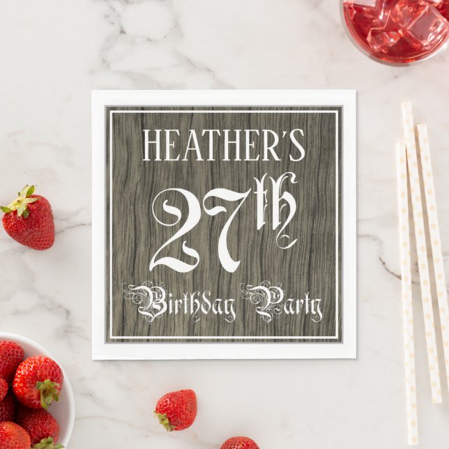 27th Birthday Party — Fancy Script, Faux Wood Look Napkin (Insitu)