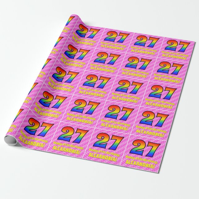 27th Birthday: Pink Stripes & Hearts, Rainbow # 27 Wrapping Paper (Unrolled)