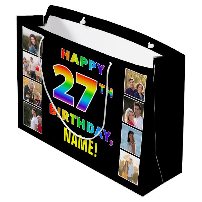 27th Birthday: Rainbow Text, Custom Photos & Name Large Gift Bag (Back Angled)