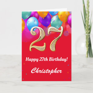 27th Birthday Red and Gold Colourful Balloons Card