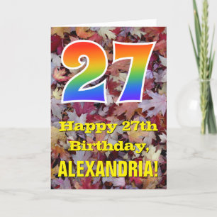 27th Birthday; Rustic Autumn Leaves; Rainbow "27" Card
