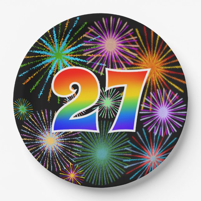 27th Event - Fun, Colourful, Bold, Rainbow 27 Paper Plate (Front)