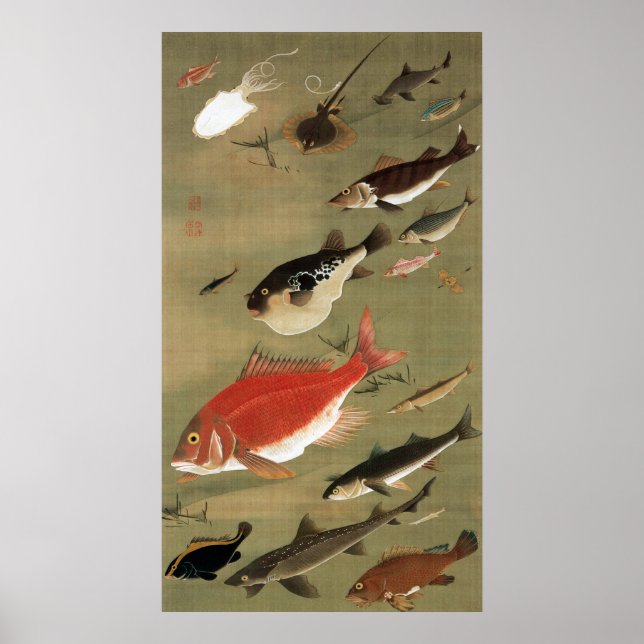 28. 群魚図, 若冲 Various Fishes, Jakuchū, Japan Art Poster (Front)
