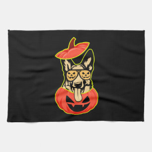 28 German Shepherd In Scary Pumpkin Shirt Funny Cu Tea Towel