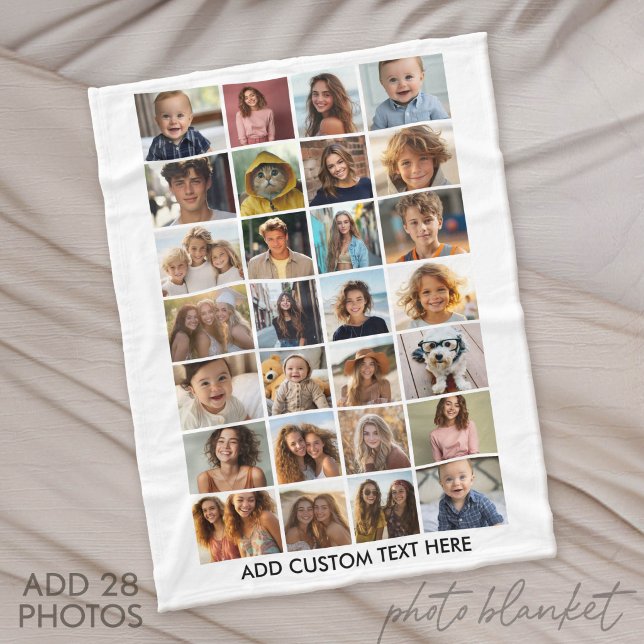 28 Photo Collage - Custom Text - Black and White Fleece Blanket (Custom Fleece Blanket with Photo Collage for Family and Friends)