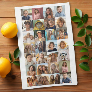 28 Photo Collage - Custom Text - Black and White Tea Towel