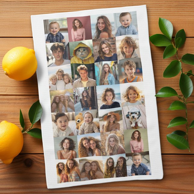 28 Photo Collage - Custom Text - Black and White Tea Towel (Custom Kitchen Towel with Photo Collage)