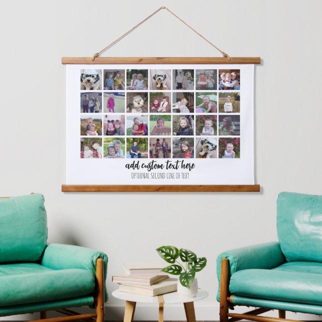 28 Photo Collage - Family Text On Bottom - White Hanging Tapestry (Living Room)