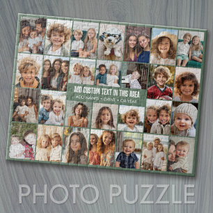 28 Photo Collage Grid - 2 Text boxes - Green Jigsaw Puzzle