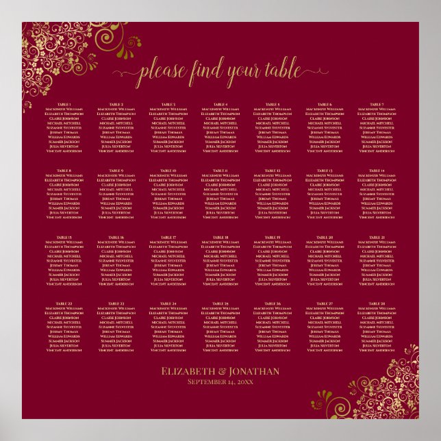 28 Table Burgundy with Gold Frills Seating Chart  (Front)