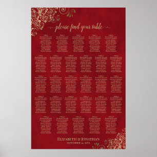 28 Table Elegant Red & Gold Wedding Seating Chart