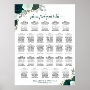 28 Table Emerald Boho Floral Wedding Seating Chart