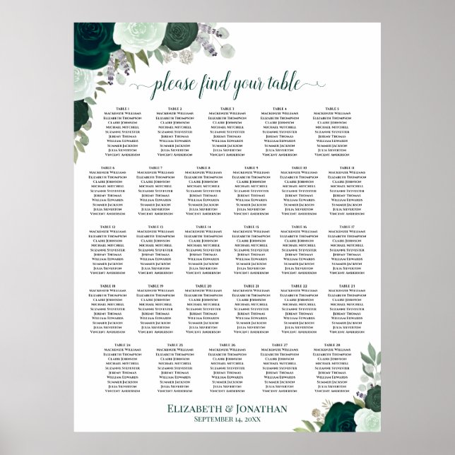 28 Table Emerald Boho Floral Wedding Seating Chart (Front)