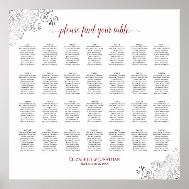 28 Table Frilly Wedding Seating Chart White Red (Front)