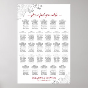 28 Table Posh Red & White Wedding Seating Chart