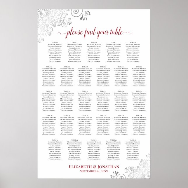 28 Table Posh Red & White Wedding Seating Chart (Front)