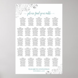 28 Table Posh Teal & White Wedding Seating Chart