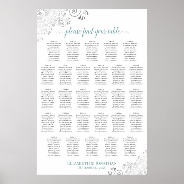 28 Table Posh Teal & White Wedding Seating Chart (Front)