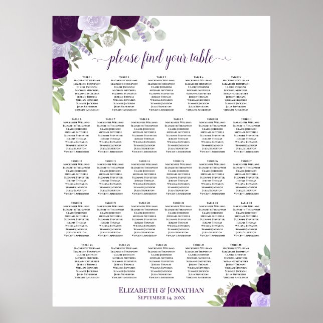 28 Table Purple Boho Floral Wedding Seating Chart (Front)