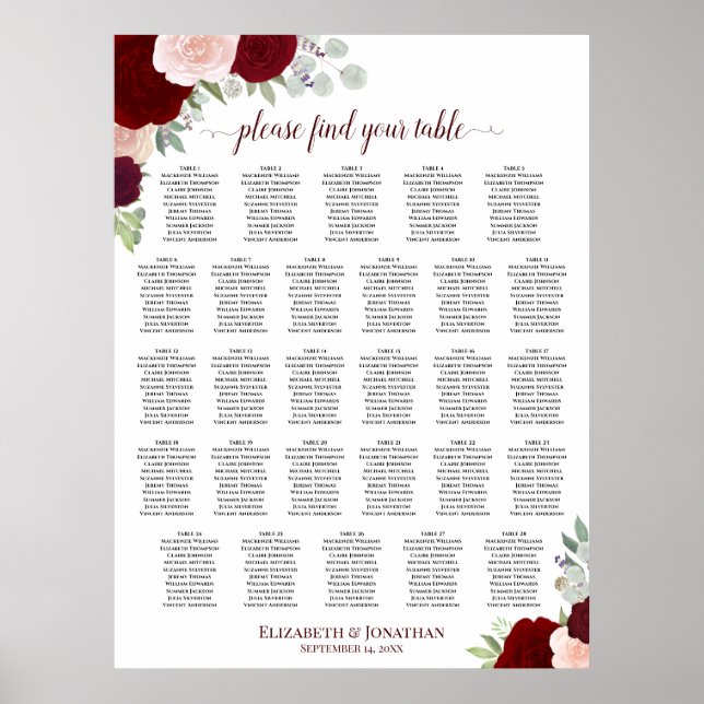28 Table Red & Pink Roses Wedding Seating Chart (Front)