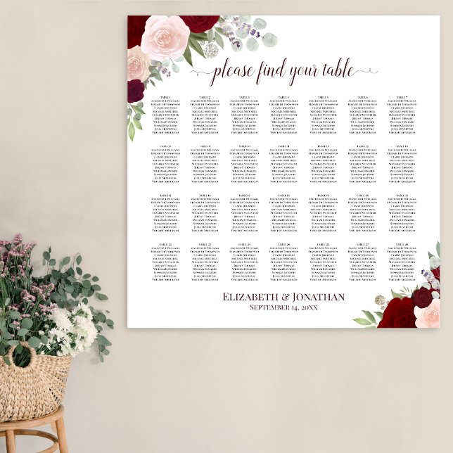 28 Table Red & Pink Roses Wedding Seating Chart (In Situ on Wall)