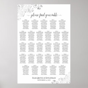 28 Table Silver & White Posh Wedding Seating Chart