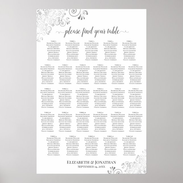 28 Table Silver & White Posh Wedding Seating Chart (Front)