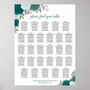 28 Table Teal Boho Floral Wedding Seating Chart