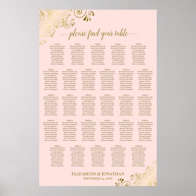 28 Table Wedding Seating Chart Blush Pink & Gold (Front)