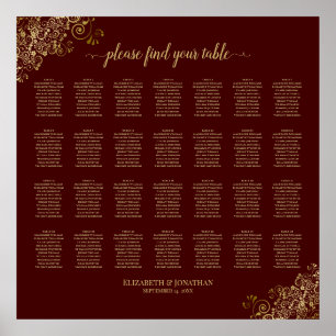 28 Table Wedding Seating Chart Burgundy Lacy Gold