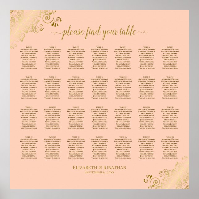 28 Table Wedding Seating Chart Coral Peach & Gold (Front)