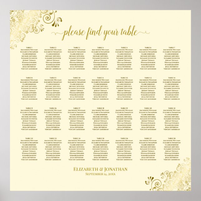 28 Table Wedding Seating Chart Cream & Gold Frills (Front)