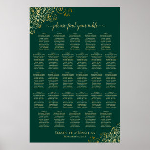 28 Table Wedding Seating Chart Emerald Green Gold
