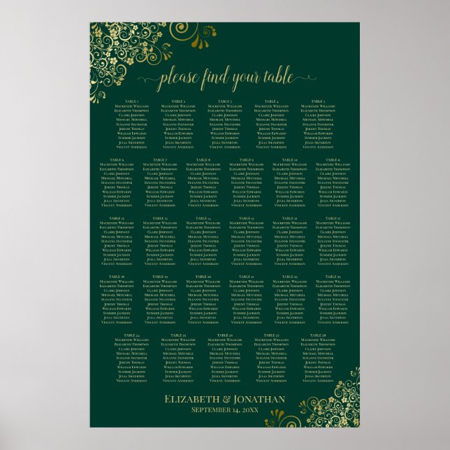 28 Table Wedding Seating Chart Emerald Green Gold (Front)