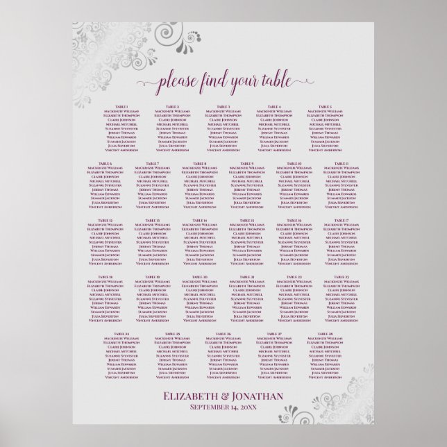 28 Table Wedding Seating Chart Magenta Plum & Grey (Front)