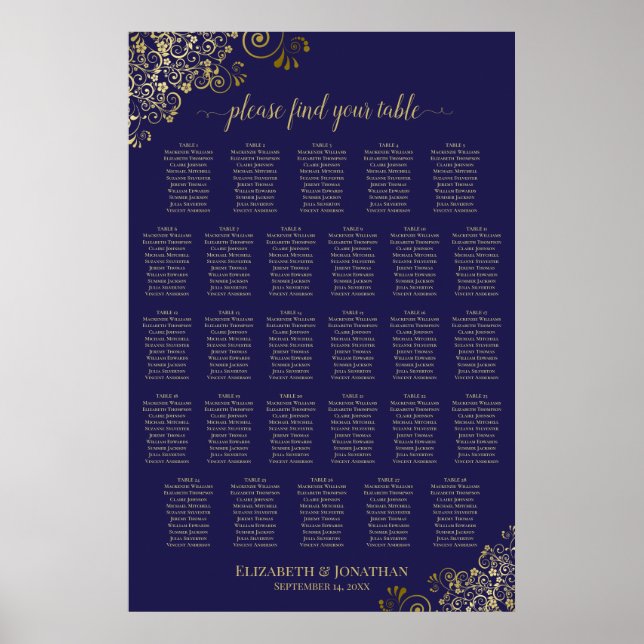 28 Table Wedding Seating Chart Navy Blue Lacy Gold (Front)