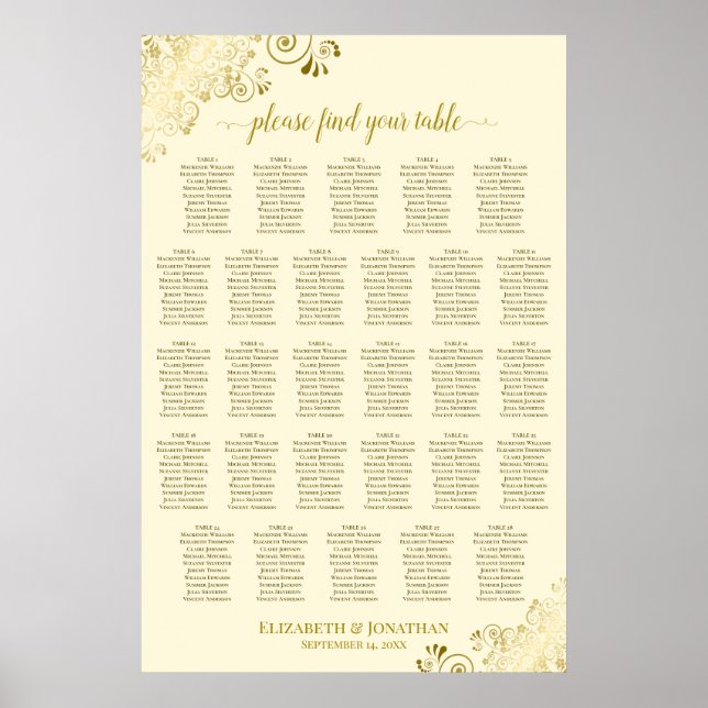 28 Table Wedding Seating Chart Ornate Gold & Cream (Front)