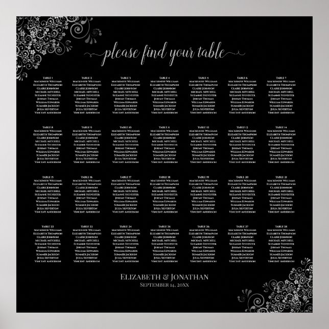 28 Table Wedding Seating Chart Silver Frills Black (Front)