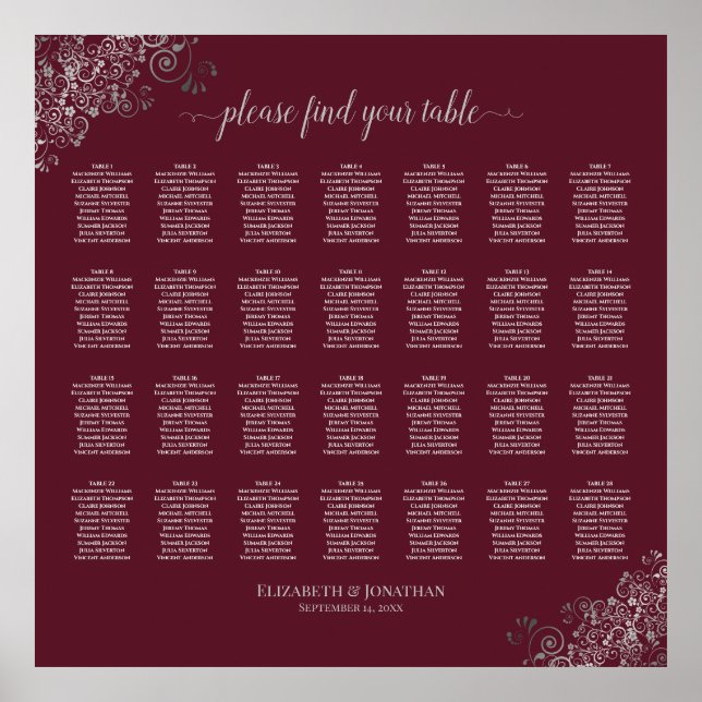 28 Table Wedding Seating Chart Silver on Burgundy (Front)