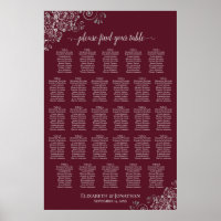 28 Table Wedding Seating Chart Silver on Burgundy