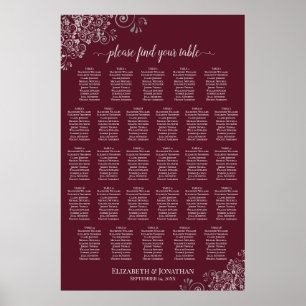 28 Table Wedding Seating Chart Silver on Burgundy