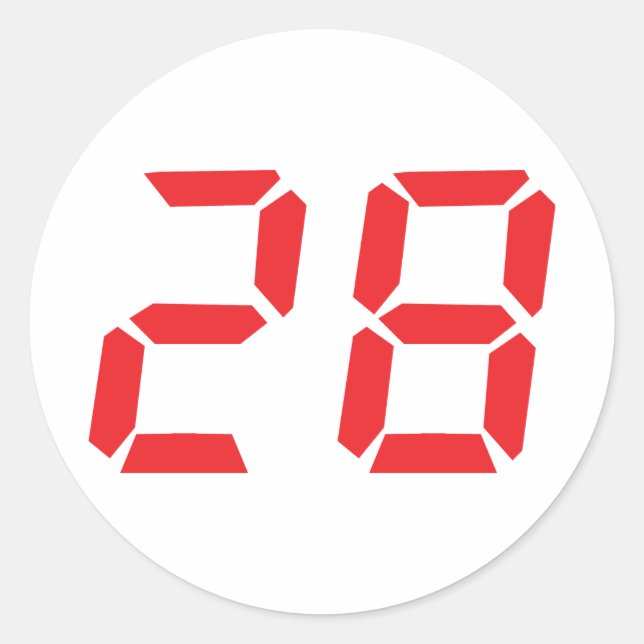 28 twenty-eight red alarm clock digital number classic round sticker (Front)