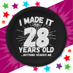 28 Year Old Sarcastic Meme Funny 28th Birthday Paper Plate<br><div class="desc">This funny 28th birthday design makes a great sarcastic humour joke or novelty gag gift for a 28 year old birthday theme or surprise 28th birthday party! Features 'I Made it to 28 Years Old... Nothing Scares Me' funny 28th birthday meme that will get lots of laughs from family, friends,...</div>