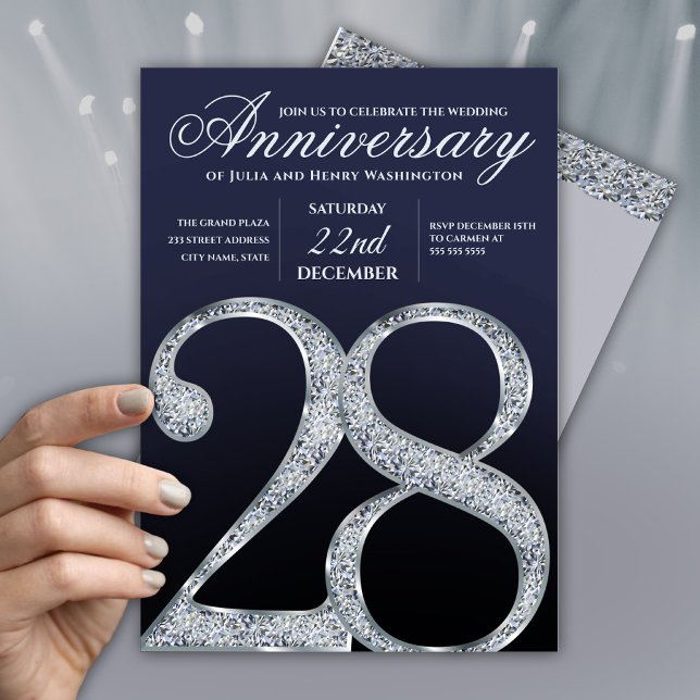 28th Anniversary Diamond Silver Dark Blue Years Invitation (Creator Uploaded)
