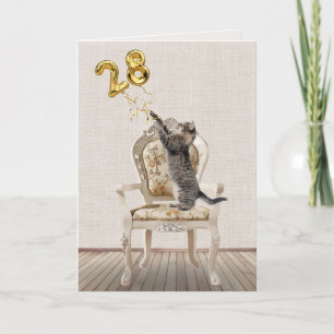 28th Birthday Balloons and Tabby Cat Card
