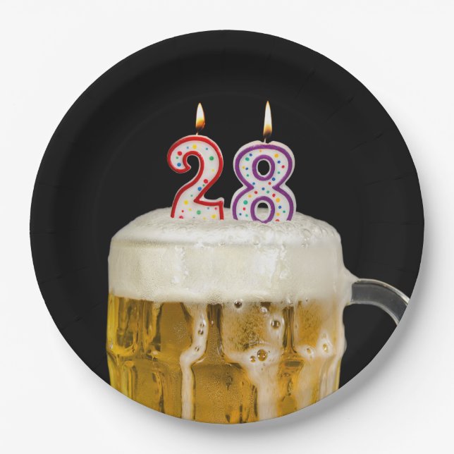 28th Birthday Beer on black Paper Plate (Front)