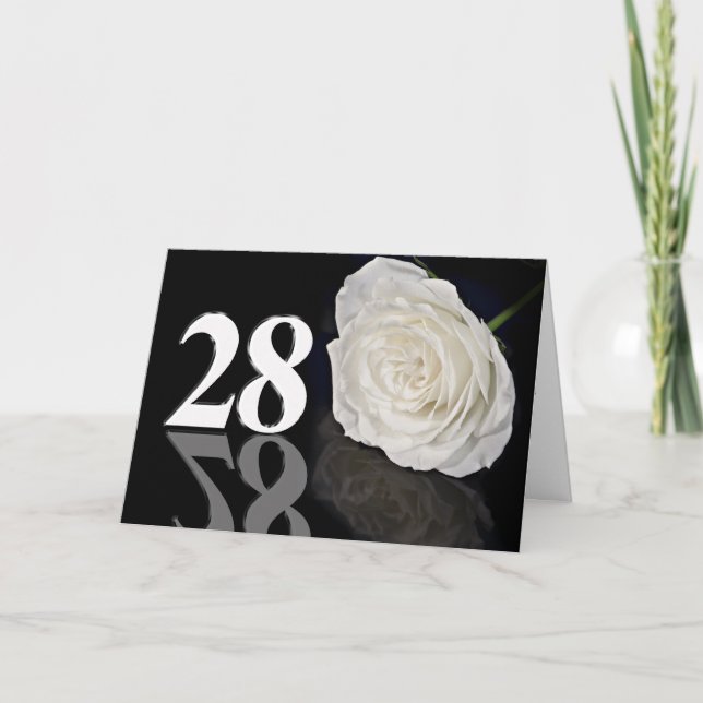 28th Birthday Card with a classic white rose (Front)