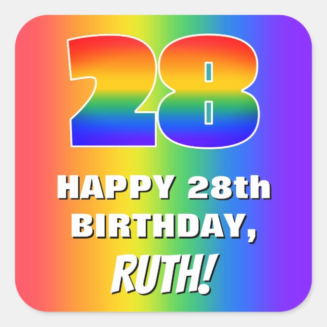 28th Birthday: Colourful, Fun Rainbow Pattern # 28 Square Sticker (Front)