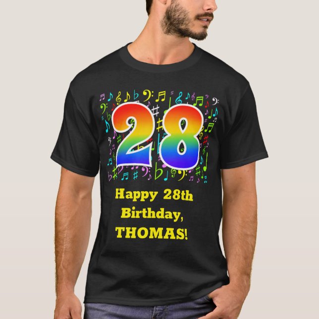 28th Birthday: Colourful Music Symbols, Rainbow 28 T-Shirt (Front)